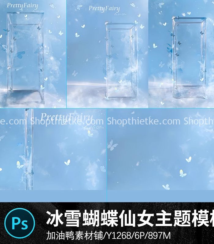 06 Mẫu Background Khối Băng Trong Suốt Có Bướm Bay Thiết Kế Huyền Ảo (PSD)