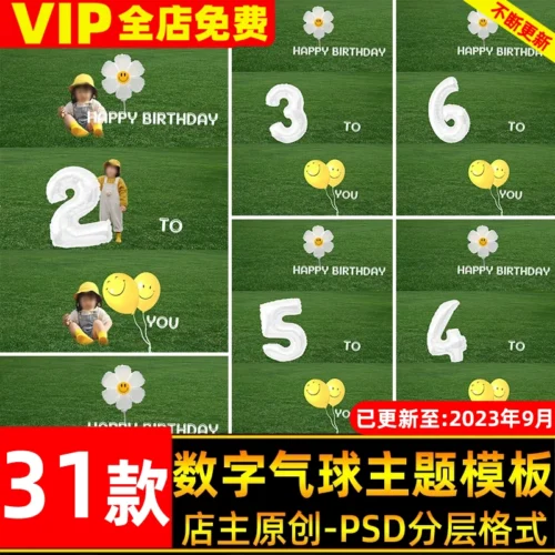 Mẫu PSD Ảnh Sinh Nhật Trẻ Em Ngoài Trời – Chủ Đề Bóng Bay Số & Bãi Cỏ Xanh